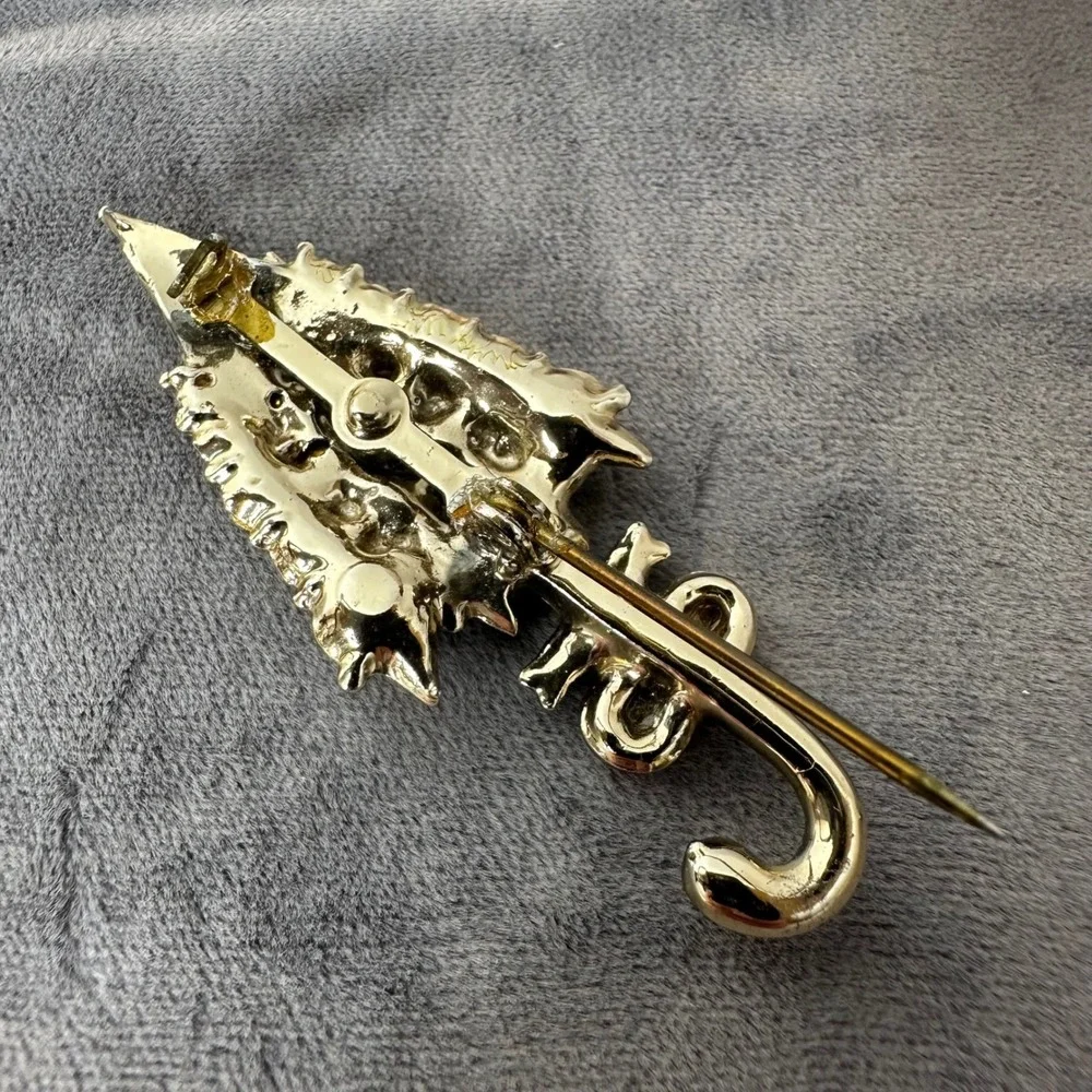 Vintage Umbrella Brooch Gold Tone Rhinestone Red Enamel Bow Parasol Pin Spring‎